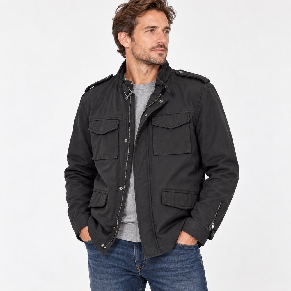 Banana Republic Mens L Black Military Field Jacket Utility Coat 4 Pocket